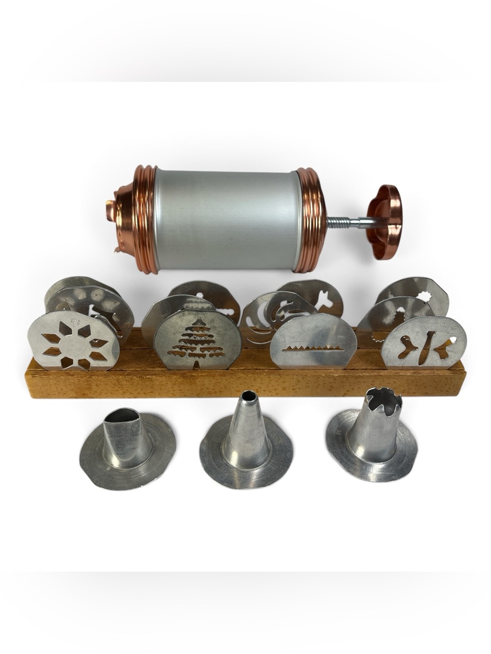 Vtg Mirro Cooky Cookie Press Cake Pastry Decorator Set 12 Discs 3 Tips Copper